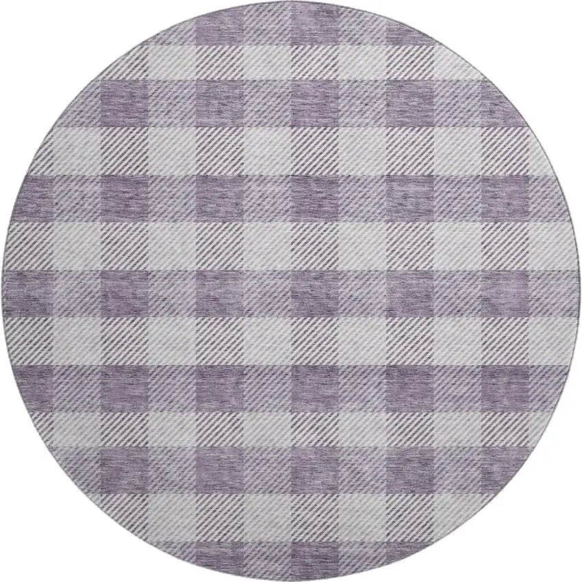 8' Lavender And Ivory Plaid Washable Round Rug With UV Protection Photo 1