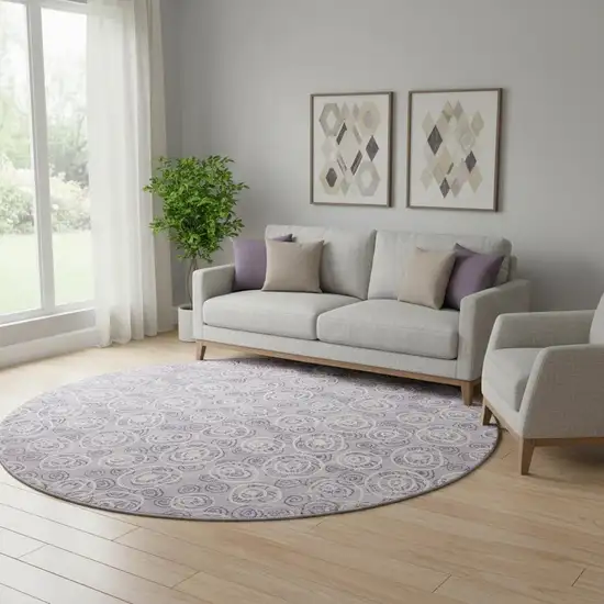 8' Lavender And Ivory Polka Dot Washable Round Rug With UV Protection Photo 1