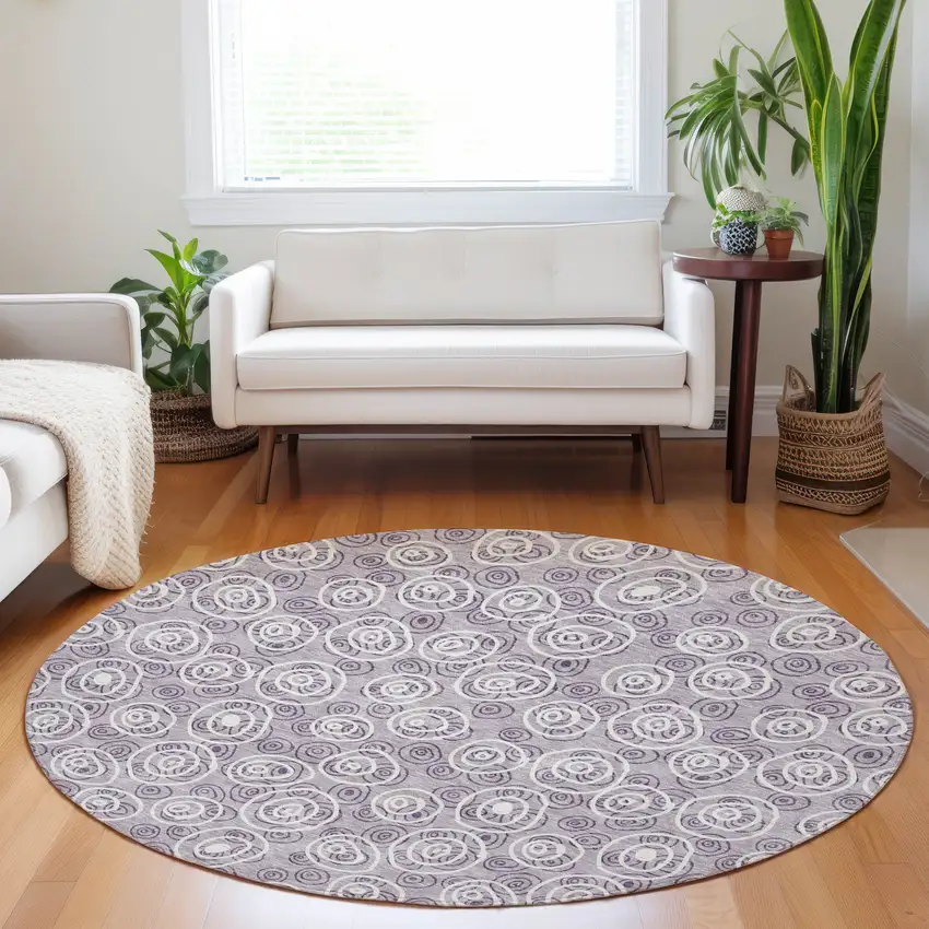 8' Lavender And Ivory Polka Dot Washable Round Rug With UV Protection Photo 4