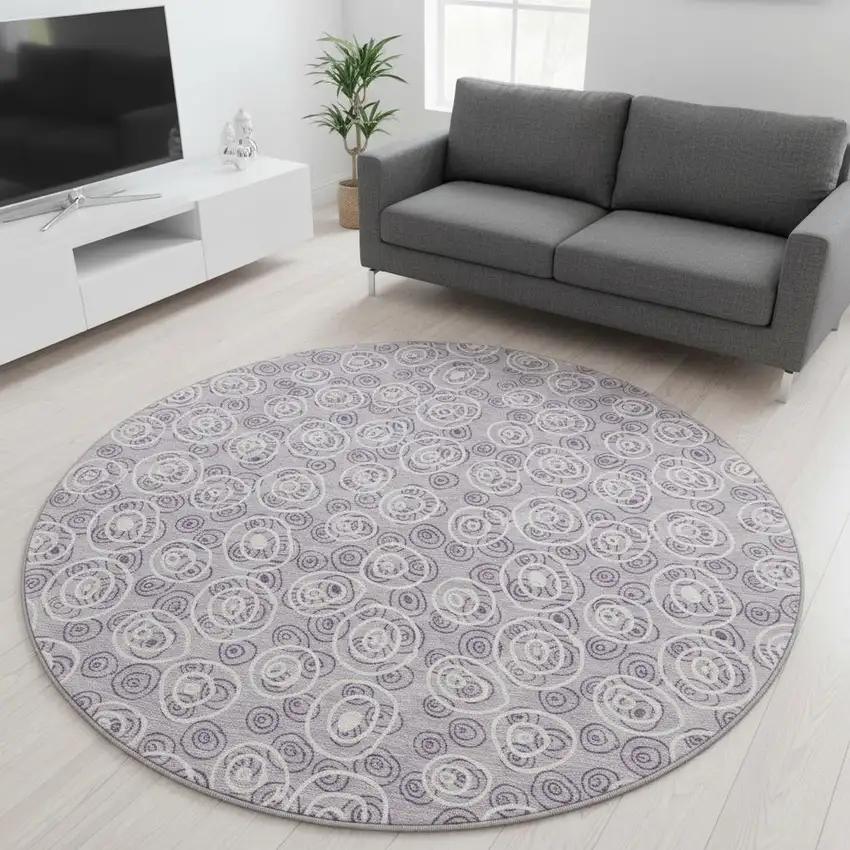 8' Lavender And Ivory Polka Dot Washable Round Rug With UV Protection Photo 2