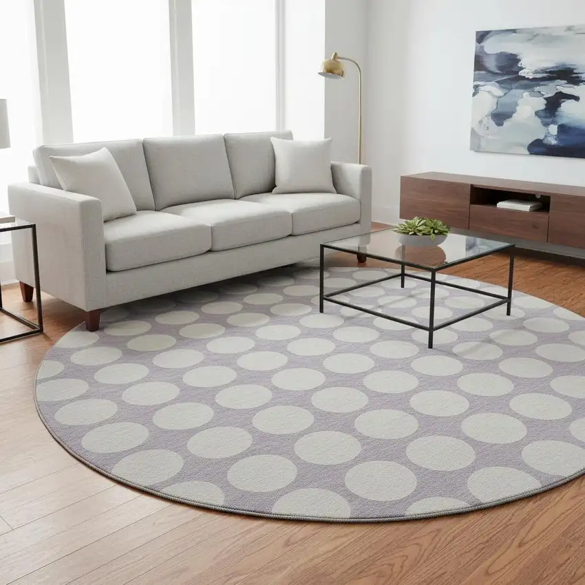 8' Lavender And Ivory Polka Dot Washable Round Rug With UV Protection Photo 2