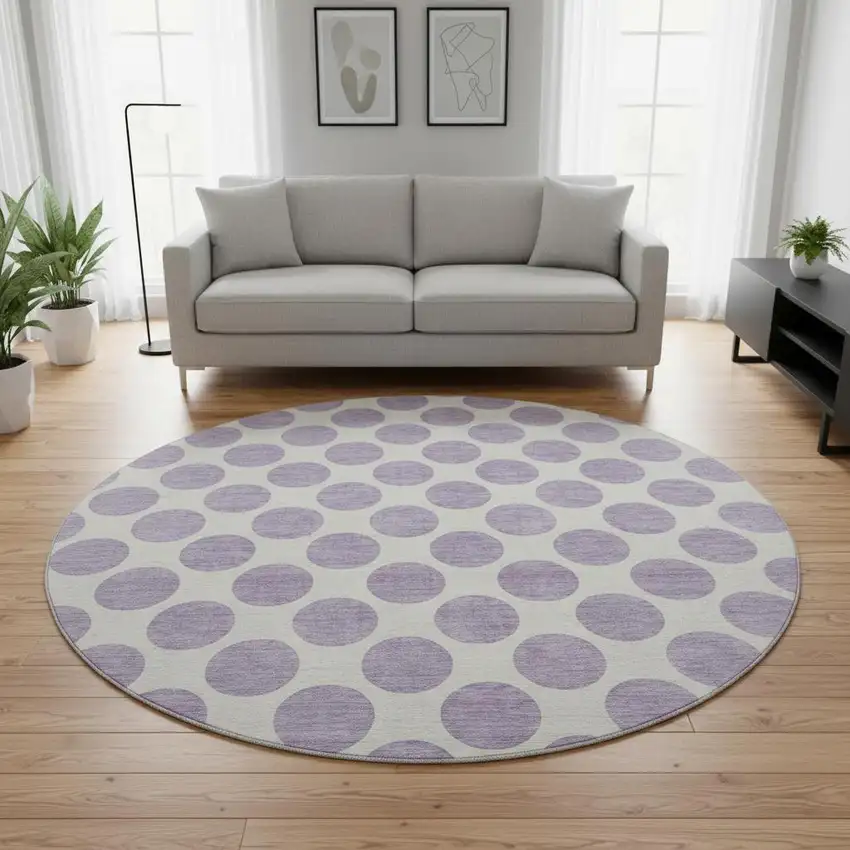 8' Lavender And Ivory Polka Dot Washable Round Rug With UV Protection Photo 2