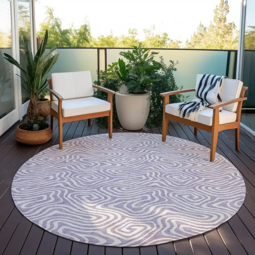 8' Lavender And Ivory Round Abstract Washable Indoor Outdoor Area Rug Photo 6