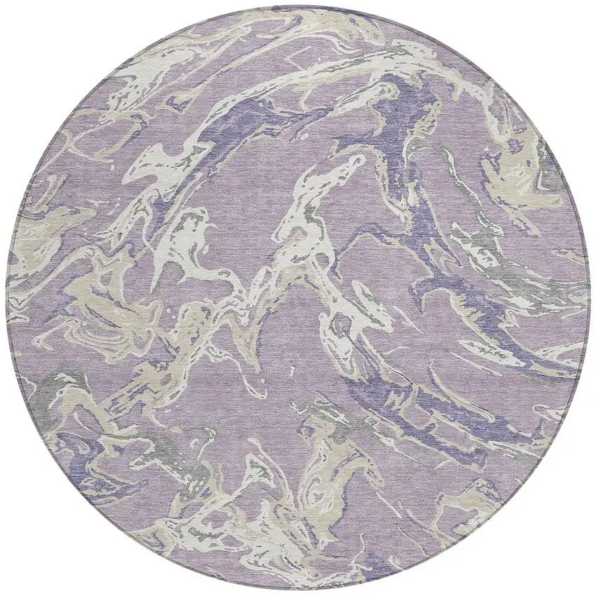 8' Lavender And Ivory Round Abstract Washable Indoor Outdoor Area Rug Photo 5