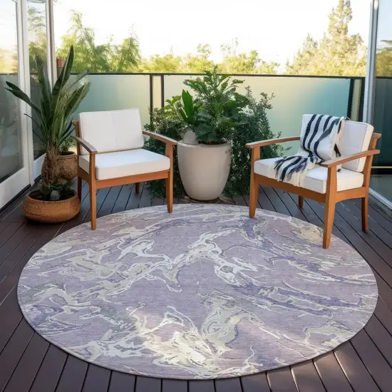 8' Lavender And Ivory Round Abstract Washable Indoor Outdoor Area Rug Photo 6