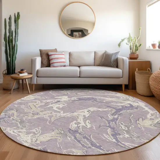 8' Lavender And Ivory Round Abstract Washable Indoor Outdoor Area Rug Photo 7