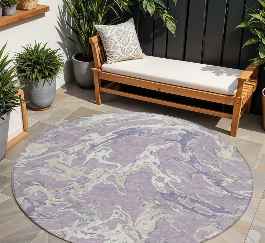 8' Lavender And Ivory Round Abstract Washable Indoor Outdoor Area Rug Photo 1