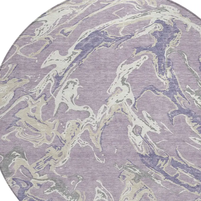 8' Lavender And Ivory Round Abstract Washable Indoor Outdoor Area Rug Photo 4