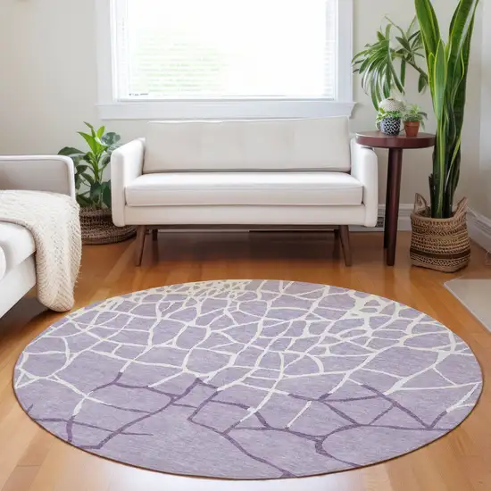 8' Lavender And Ivory Round Abstract Washable Indoor Outdoor Area Rug Photo 8