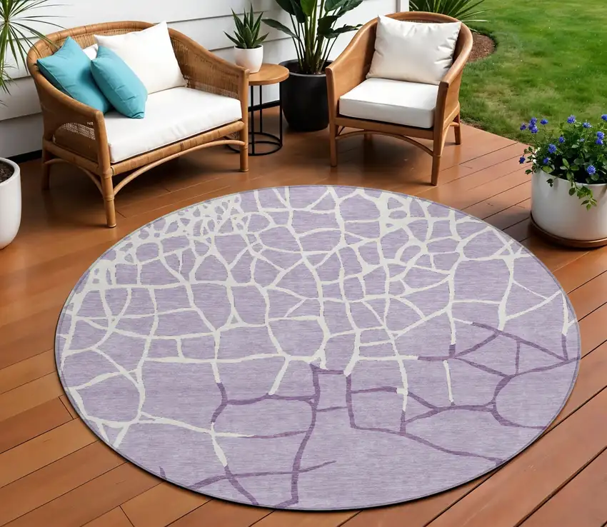 8' Lavender And Ivory Round Abstract Washable Indoor Outdoor Area Rug Photo 1