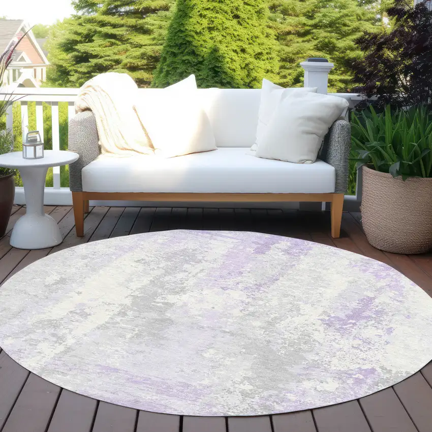 8' Lavender And Ivory Round Abstract Washable Indoor Outdoor Area Rug Photo 5