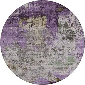 Photo of 8' Lavender And Ivory Round Abstract Washable Indoor Outdoor Area Rug
