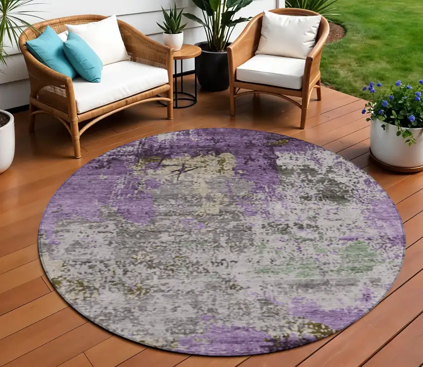 8' Lavender And Ivory Round Abstract Washable Indoor Outdoor Area Rug Photo 2