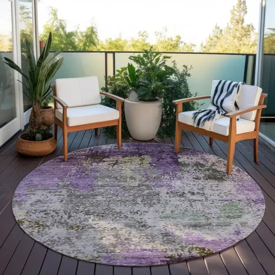 8' Lavender And Ivory Round Abstract Washable Indoor Outdoor Area Rug Photo 5