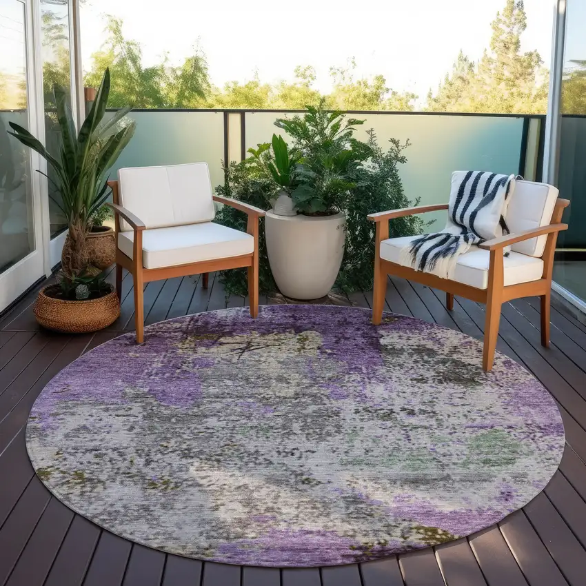 8' Lavender And Ivory Round Abstract Washable Indoor Outdoor Area Rug Photo 5
