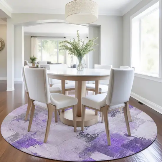 8' Lavender And Ivory Round Abstract Washable Indoor Outdoor Area Rug Photo 6