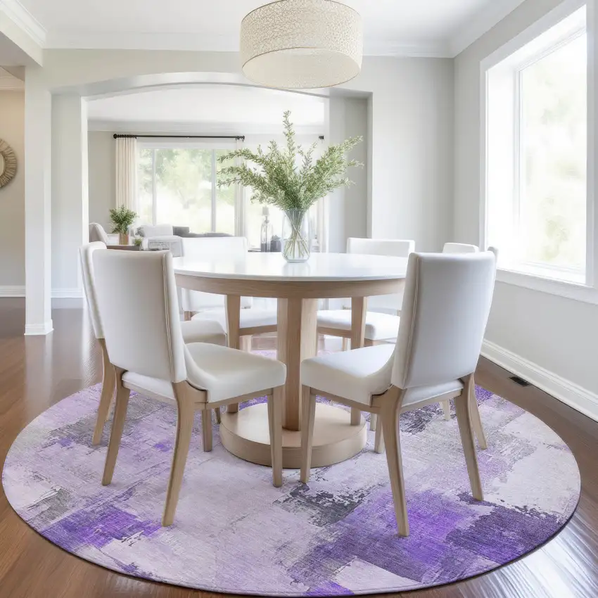 8' Lavender And Ivory Round Abstract Washable Indoor Outdoor Area Rug Photo 6