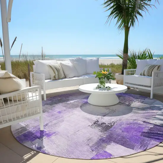 8' Lavender And Ivory Round Abstract Washable Indoor Outdoor Area Rug Photo 5