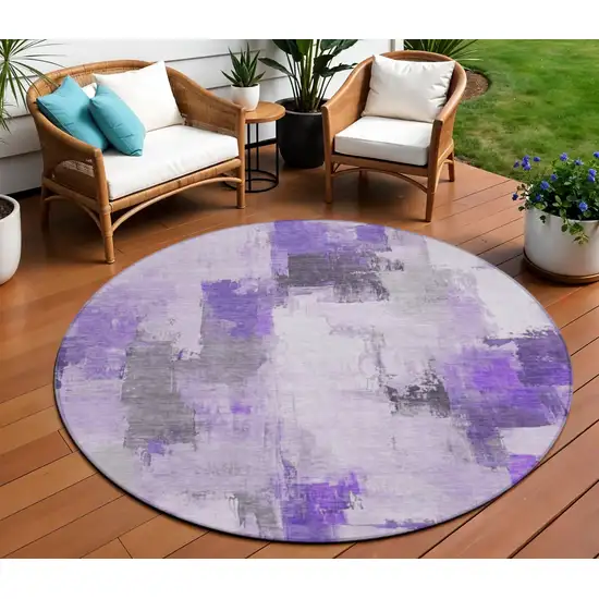 8' Lavender And Ivory Round Abstract Washable Indoor Outdoor Area Rug Photo 2