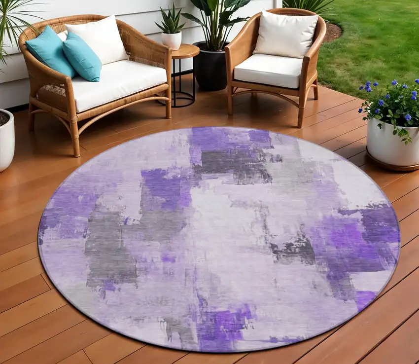 8' Lavender And Ivory Round Abstract Washable Indoor Outdoor Area Rug Photo 2