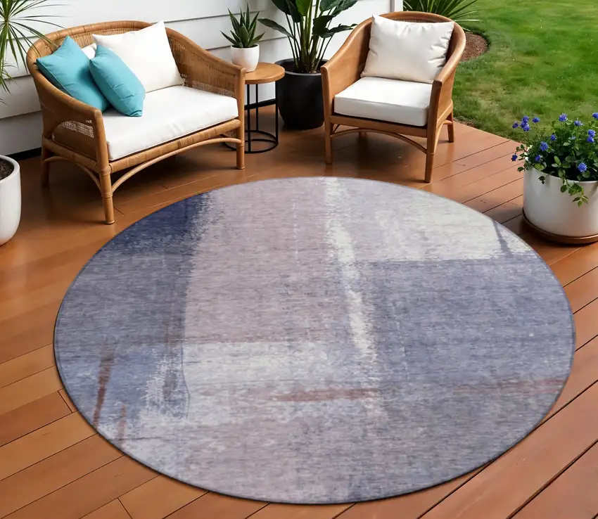 8' Lavender And Ivory Round Abstract Washable Indoor Outdoor Area Rug Photo 2