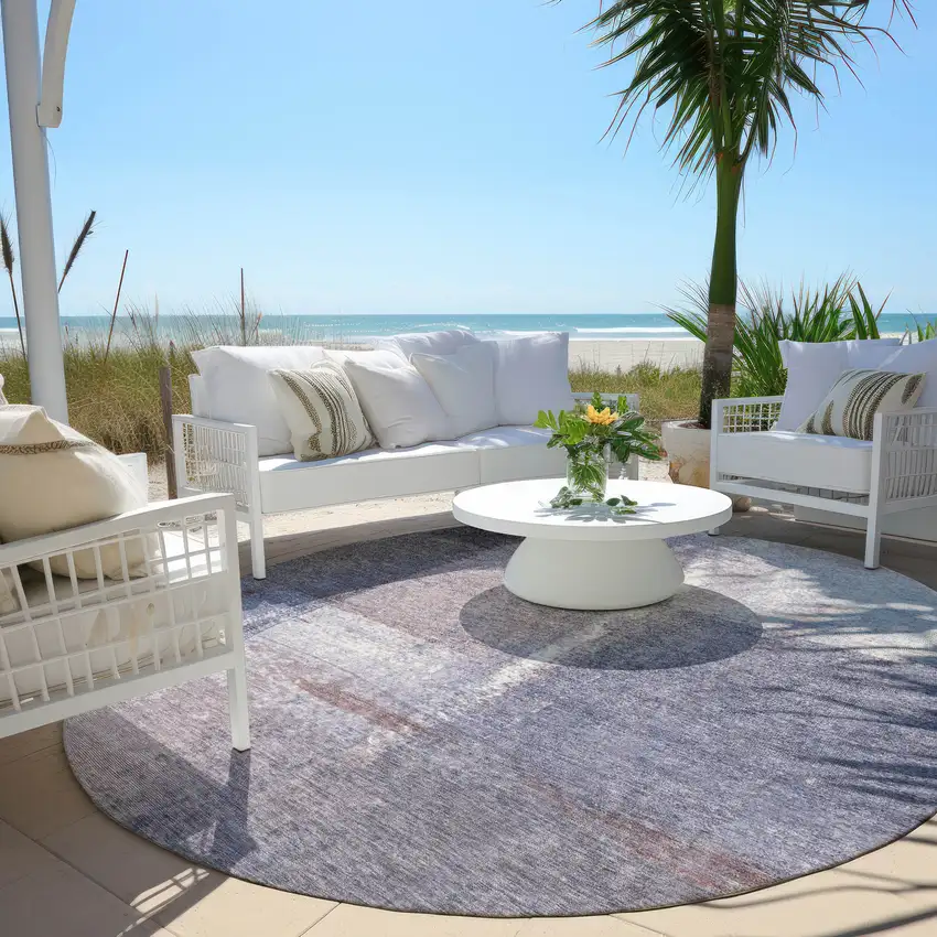 8' Lavender And Ivory Round Abstract Washable Indoor Outdoor Area Rug Photo 5