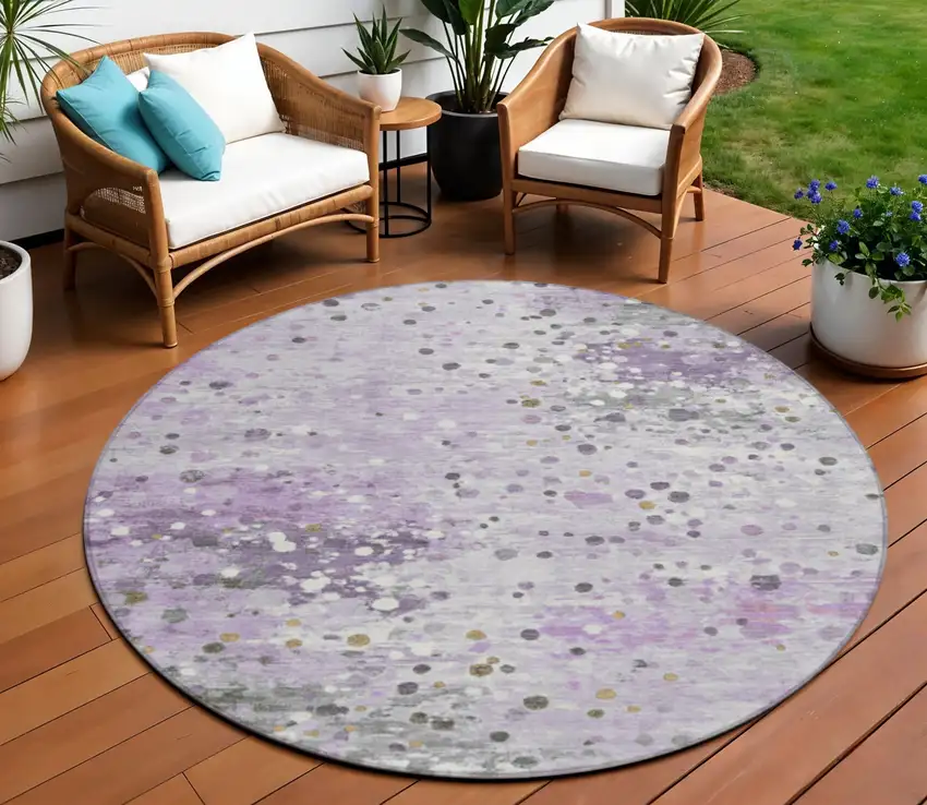 8' Lavender And Ivory Round Abstract Washable Indoor Outdoor Area Rug Photo 2