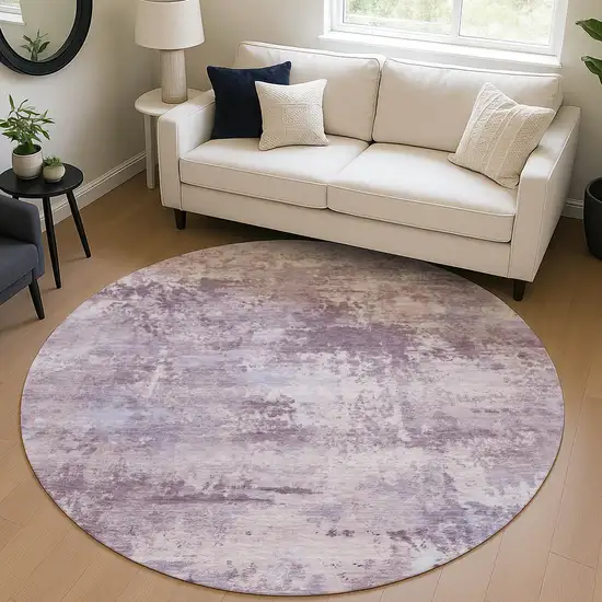 8' Lavender And Ivory Round Abstract Washable Indoor Outdoor Area Rug Photo 5