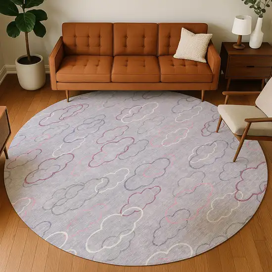 8' Lavender And Ivory Round Abstract Washable Indoor Outdoor Area Rug Photo 5