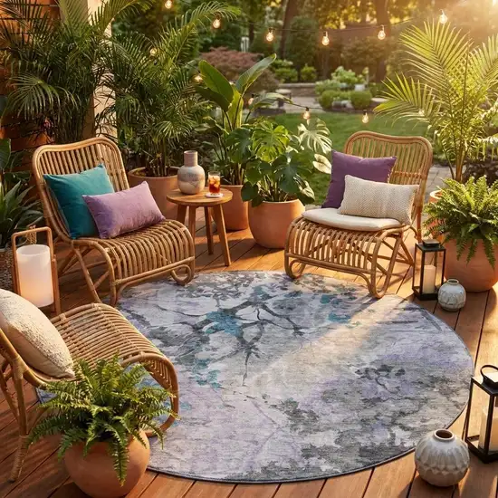 8' Lavender And Ivory Round Abstract Washable Indoor Outdoor Area Rug Photo 1
