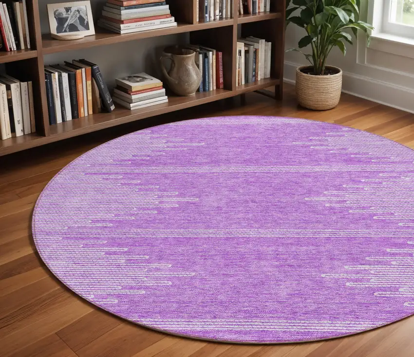 8' Lavender And Ivory Round Abstract Washable Indoor Outdoor Area Rug Photo 8