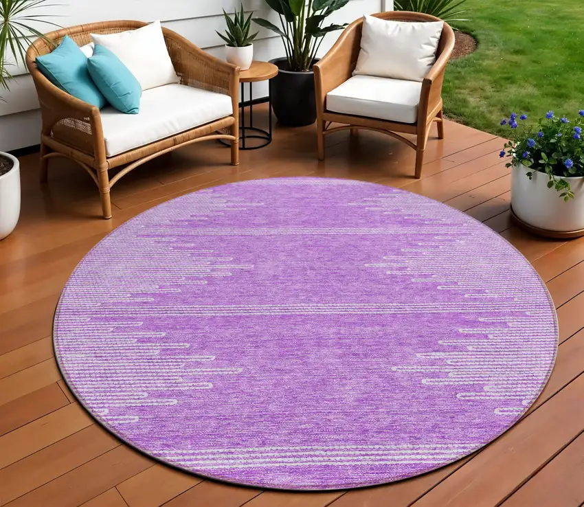 8' Lavender And Ivory Round Abstract Washable Indoor Outdoor Area Rug Photo 1