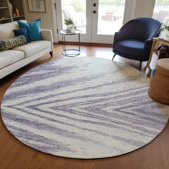 8' Lavender And Ivory Round Abstract Washable Indoor Outdoor Area Rug Photo 7