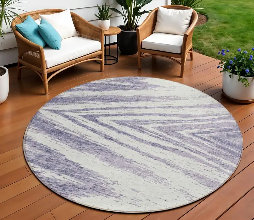 8' Lavender And Ivory Round Abstract Washable Indoor Outdoor Area Rug Photo 1