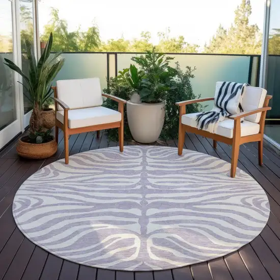 8' Lavender And Ivory Round Animal Print Washable Indoor Outdoor Area Rug Photo 6