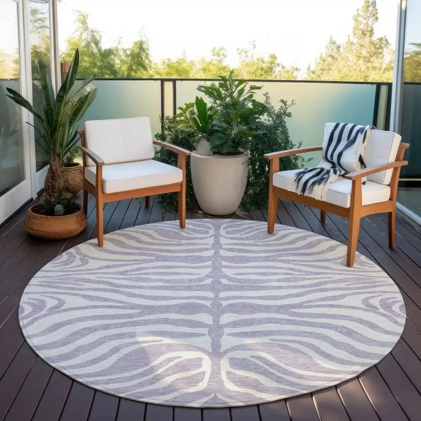 8' Lavender And Ivory Round Animal Print Washable Indoor Outdoor Area Rug Photo 6