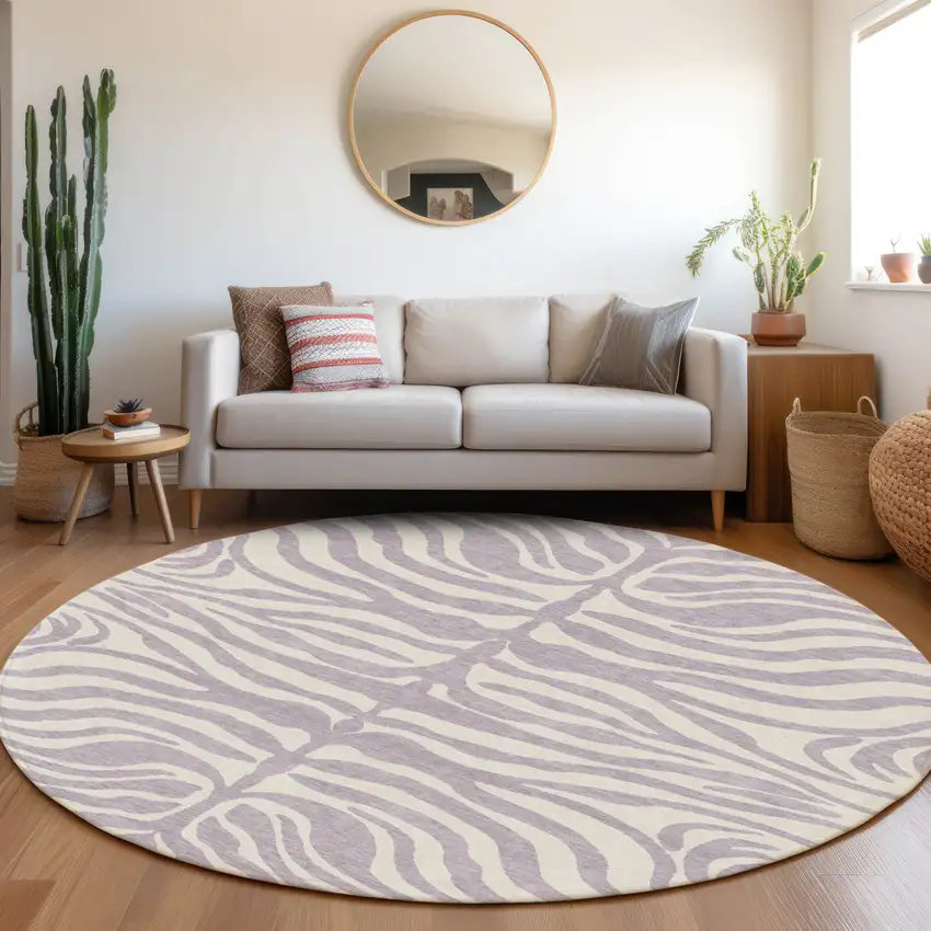 8' Lavender And Ivory Round Animal Print Washable Indoor Outdoor Area Rug Photo 7