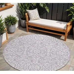 Photo of 8' Lavender And Ivory Round Damask Washable Indoor Outdoor Area Rug