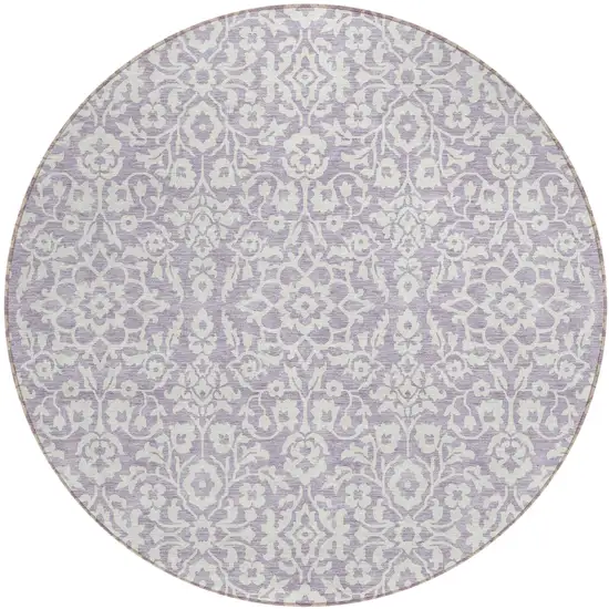 8' Lavender And Ivory Round Damask Washable Indoor Outdoor Area Rug Photo 2