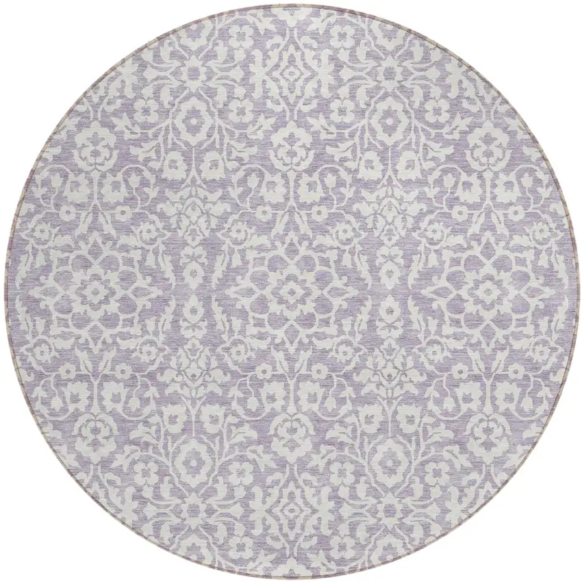 8' Lavender And Ivory Round Damask Washable Indoor Outdoor Area Rug Photo 2