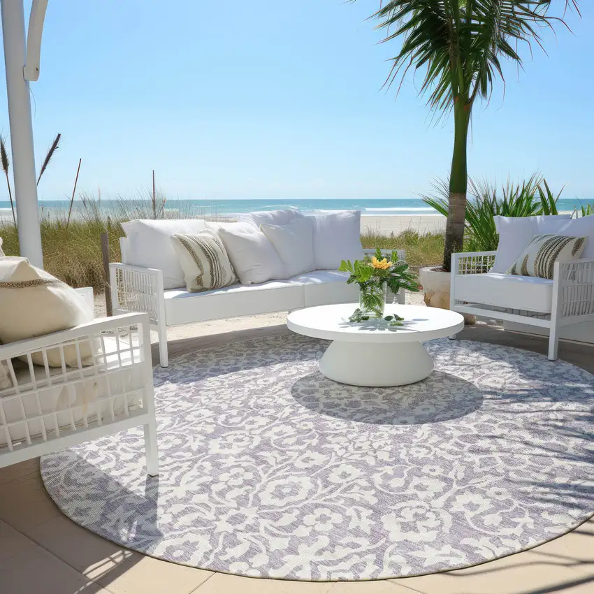 8' Lavender And Ivory Round Damask Washable Indoor Outdoor Area Rug Photo 6