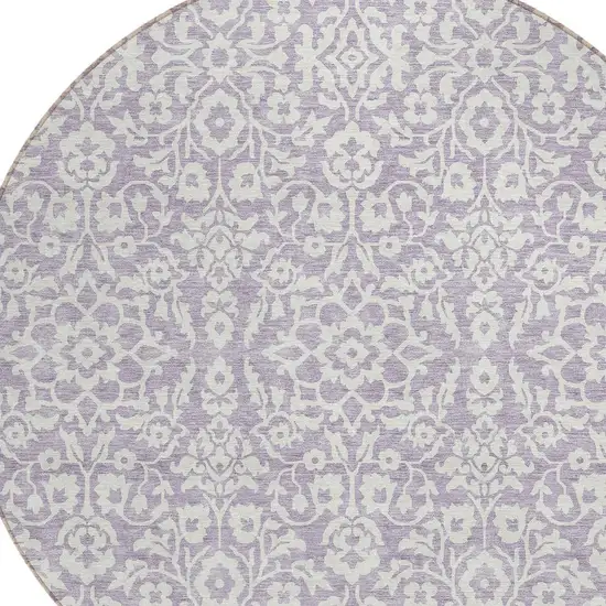 8' Lavender And Ivory Round Damask Washable Indoor Outdoor Area Rug Photo 4