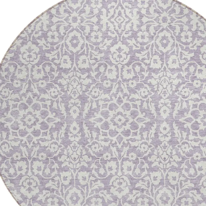 8' Lavender And Ivory Round Damask Washable Indoor Outdoor Area Rug Photo 4