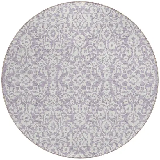 8' Lavender And Ivory Round Damask Washable Indoor Outdoor Area Rug Photo 5