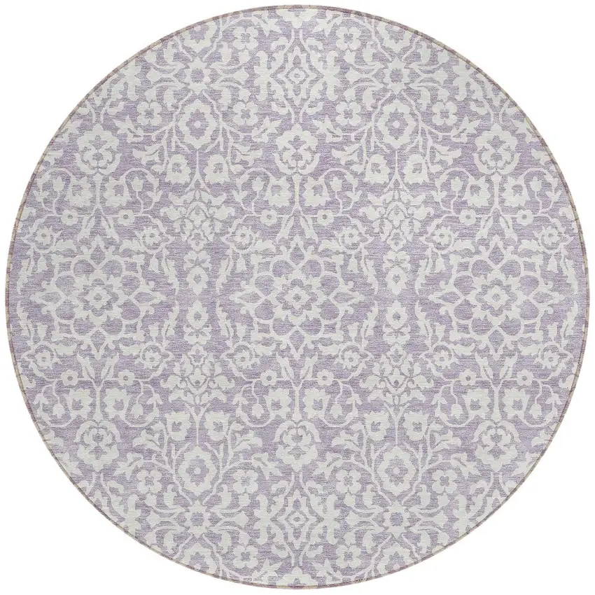 8' Lavender And Ivory Round Damask Washable Indoor Outdoor Area Rug Photo 5