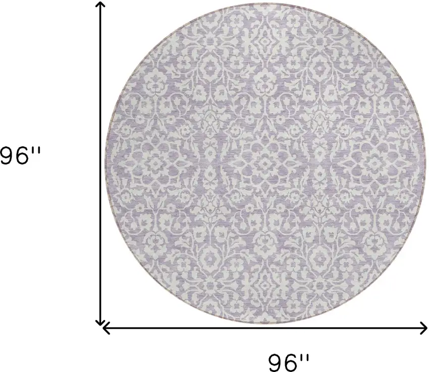 8' Lavender And Ivory Round Damask Washable Indoor Outdoor Area Rug Photo 3