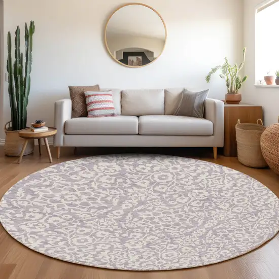8' Lavender And Ivory Round Damask Washable Indoor Outdoor Area Rug Photo 7