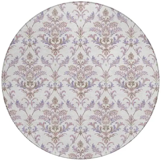 8' Lavender And Ivory Round Damask Washable Indoor Outdoor Area Rug Photo 4