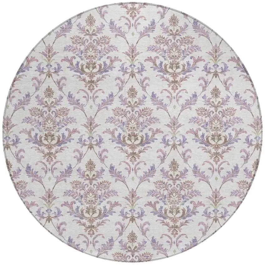 8' Lavender And Ivory Round Damask Washable Indoor Outdoor Area Rug Photo 4
