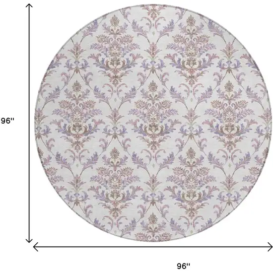 8' Lavender And Ivory Round Damask Washable Indoor Outdoor Area Rug Photo 3